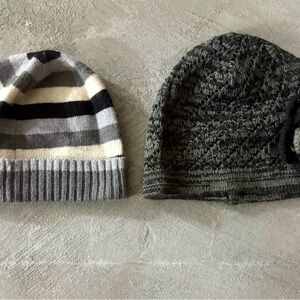 Ann Taylor Loft Women’s Gray Stripped Beanie Hat + Free Gray Knit Flower beanie